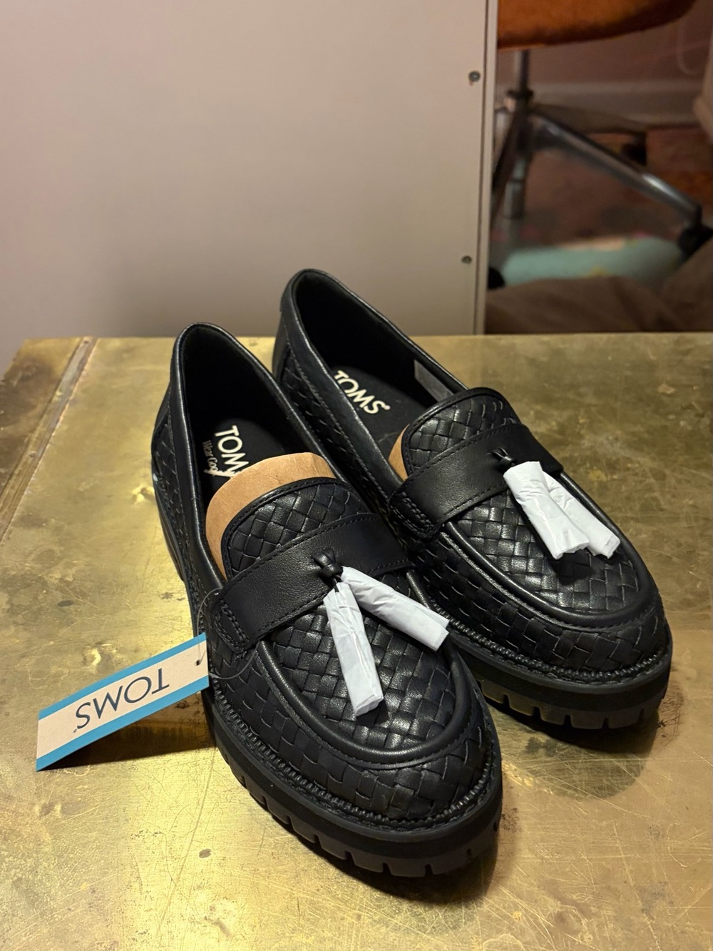 Toms Black Woven Leather Tassel Lug Loafers